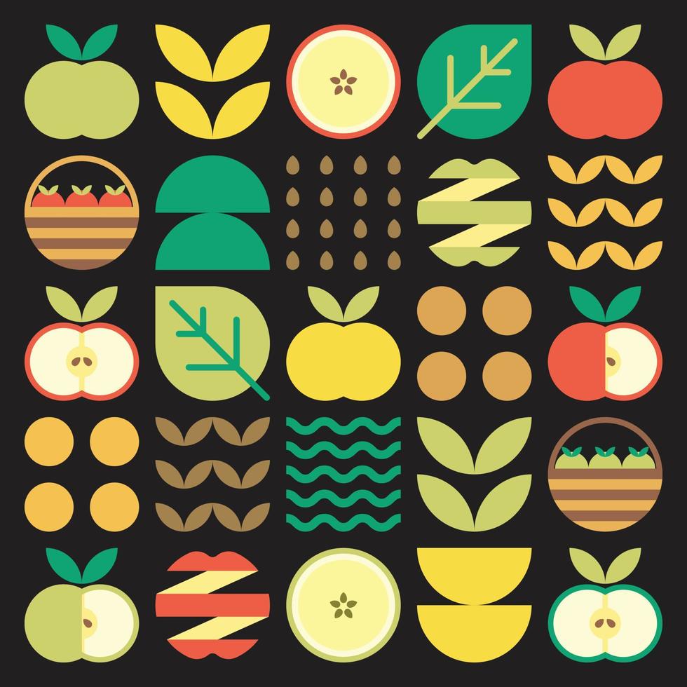 Apple icon abstract artwork. Design illustration of colorful apple pattern, leaves, and geometric symbols in minimalist style. Whole fruit, cut and split. Simple flat vector on a black background.