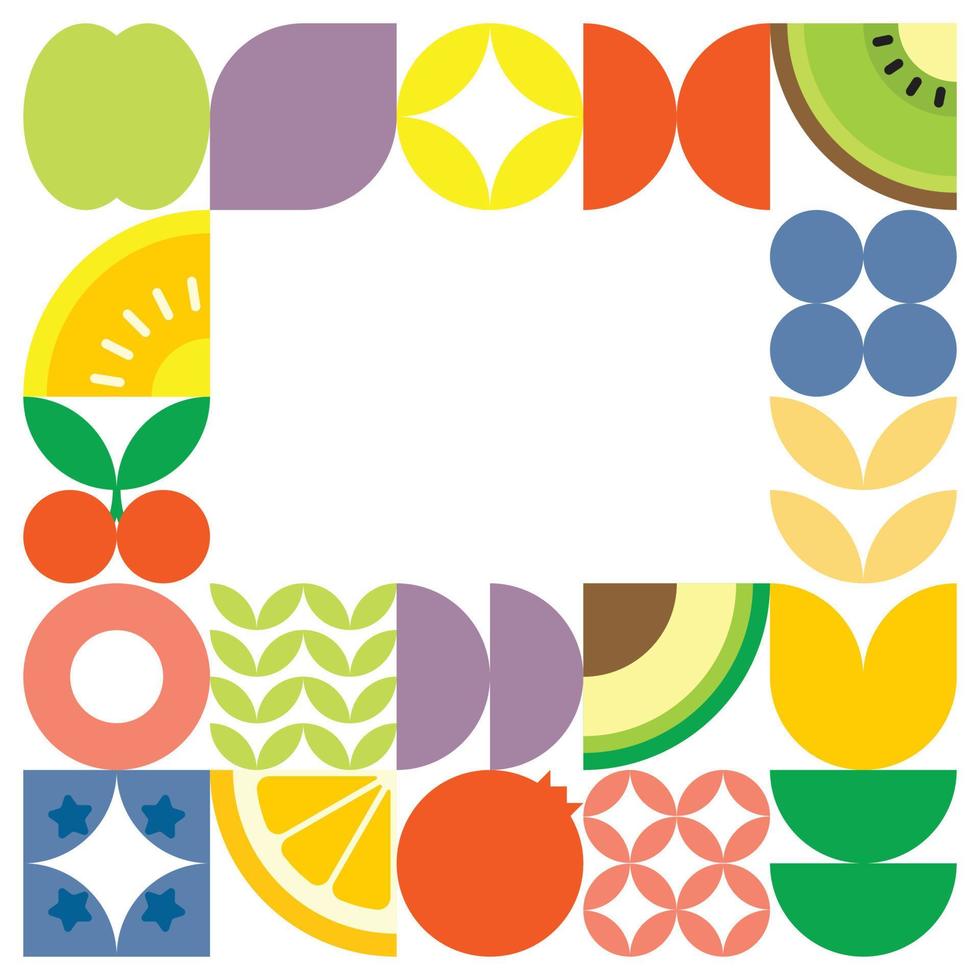 Geometric summer fresh fruit cut artwork poster with colorful simple shapes. Scandinavian styled flat abstract vector pattern design. Minimalist illustration of fruits and leaves on white background.