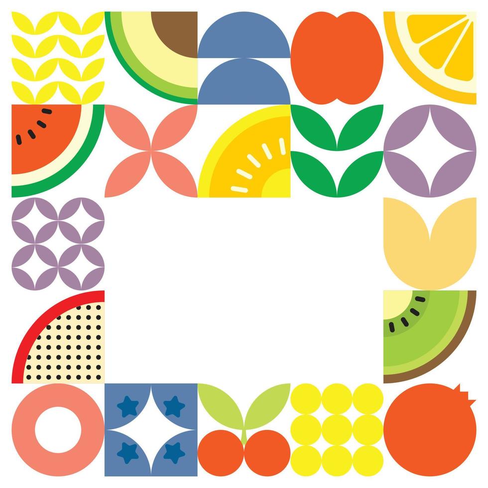 Geometric summer fresh fruit cut artwork poster with colorful simple shapes. Scandinavian styled flat abstract vector pattern design. Minimalist illustration of fruits and leaves on white background.