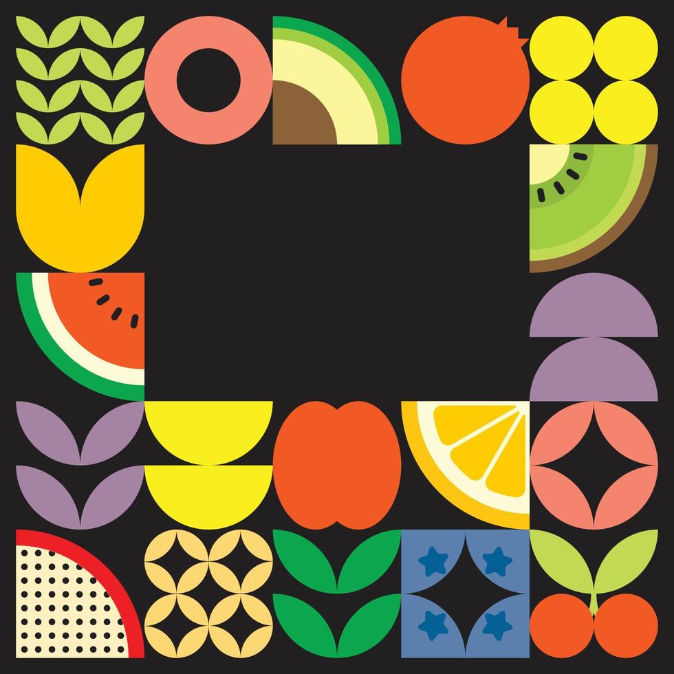 cartel geométrico de verano con frutas frescas cortadas con formas simples y coloridas. diseño de patrón de vector abstracto plano de estilo escandinavo. ilustración minimalista de frutas y hojas sobre fondo negro.