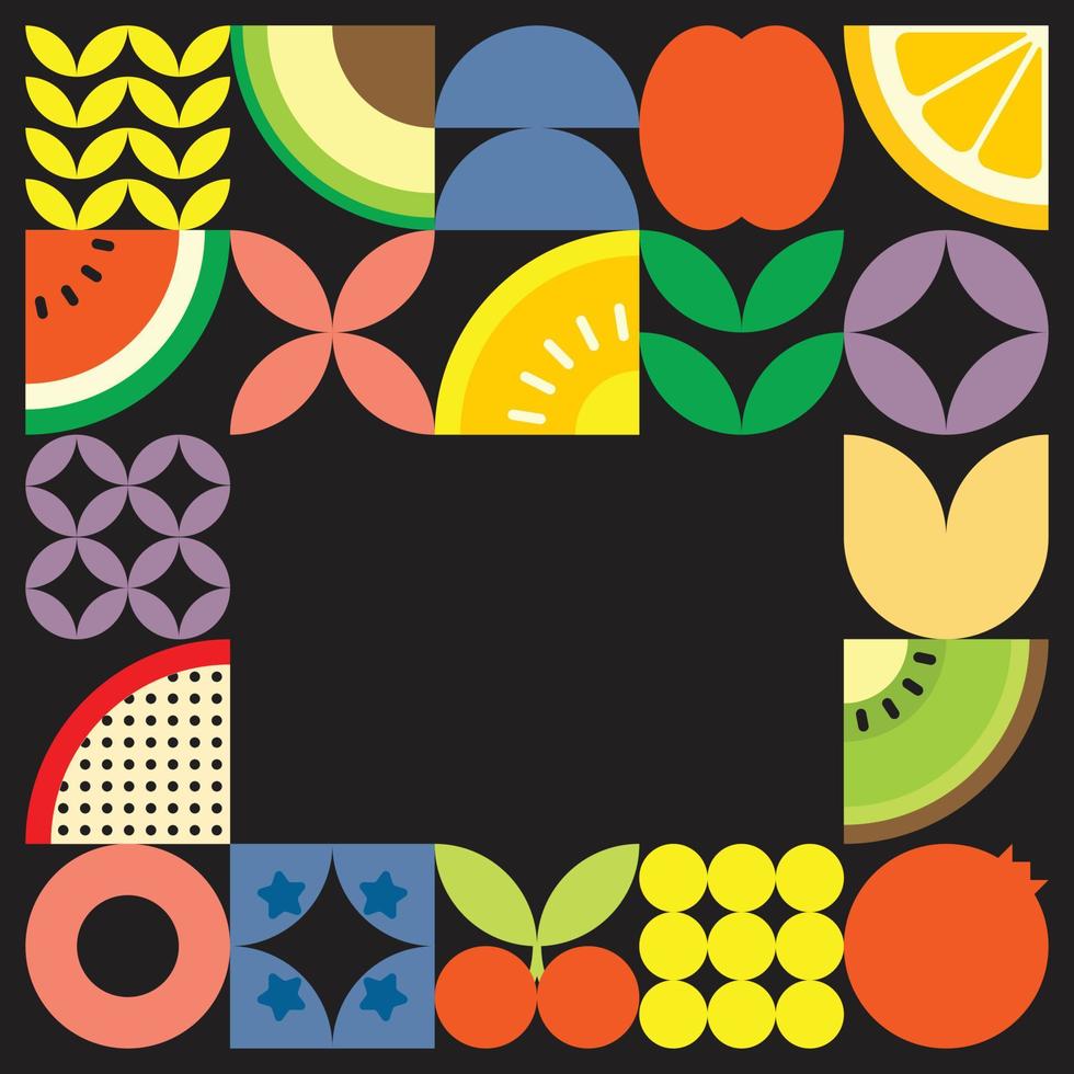 Geometric summer fresh fruit cut artwork poster with colorful simple shapes. Scandinavian styled flat abstract vector pattern design. Minimalist illustration of fruits and leaves on black background.