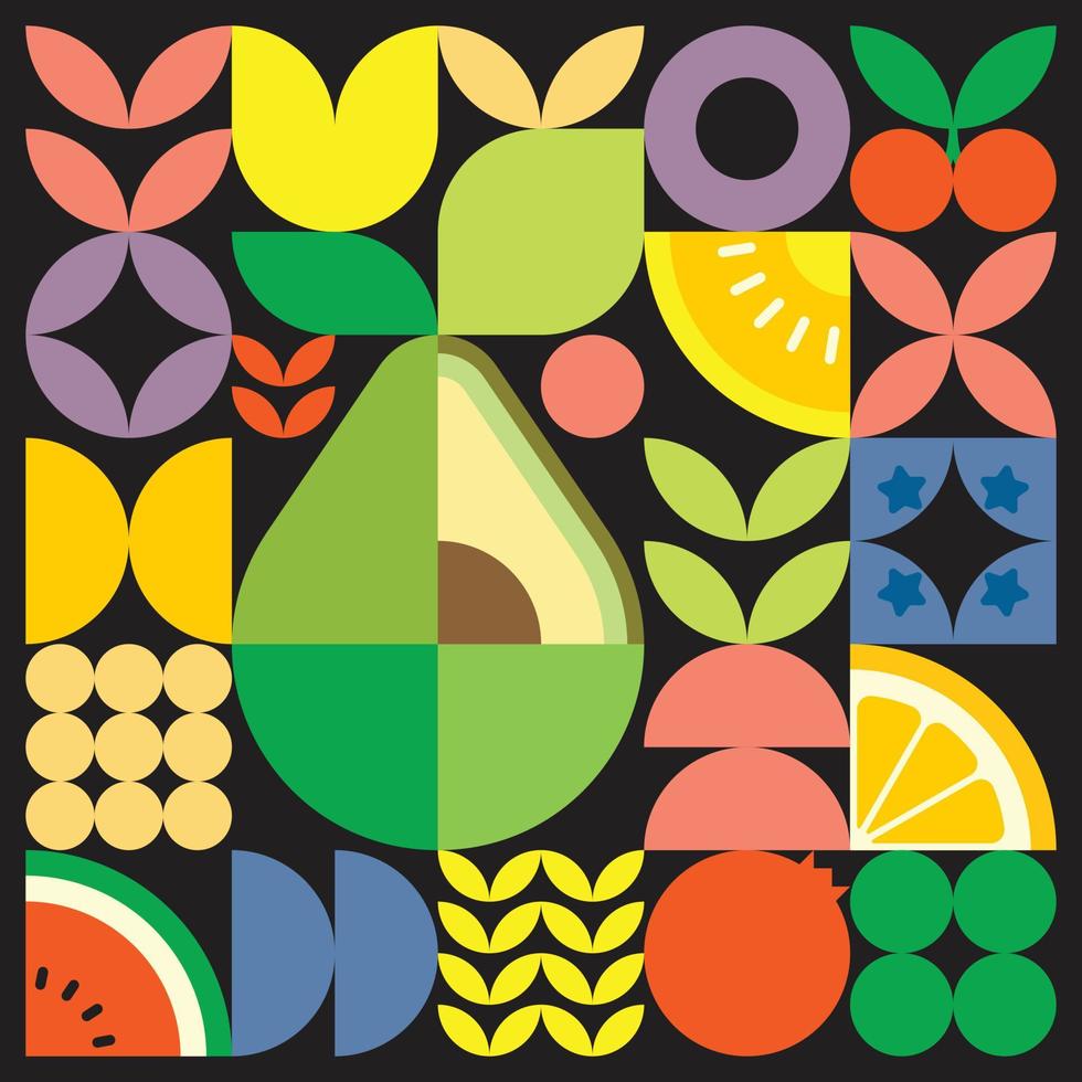 Geometric summer fresh fruit cut artwork poster with colorful simple shapes. Scandinavian style flat abstract vector pattern design. Minimalist illustration of a avocado on a black background.