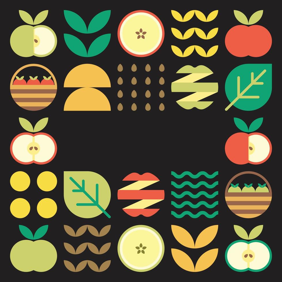 Apple frame abstract artwork. Design illustration of colorful apple pattern, leaves, and geometric symbols in minimalist style. Whole fruit, cut and split. Simple flat vector on a black background.