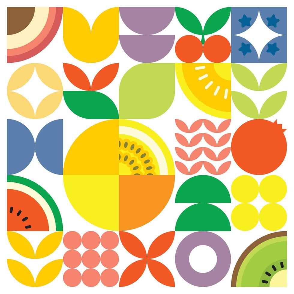 Geometric summer fresh fruit cut artwork poster with colorful simple shapes. Scandinavian style flat abstract vector pattern design. Minimalist illustration of a passion fruit on a white background.