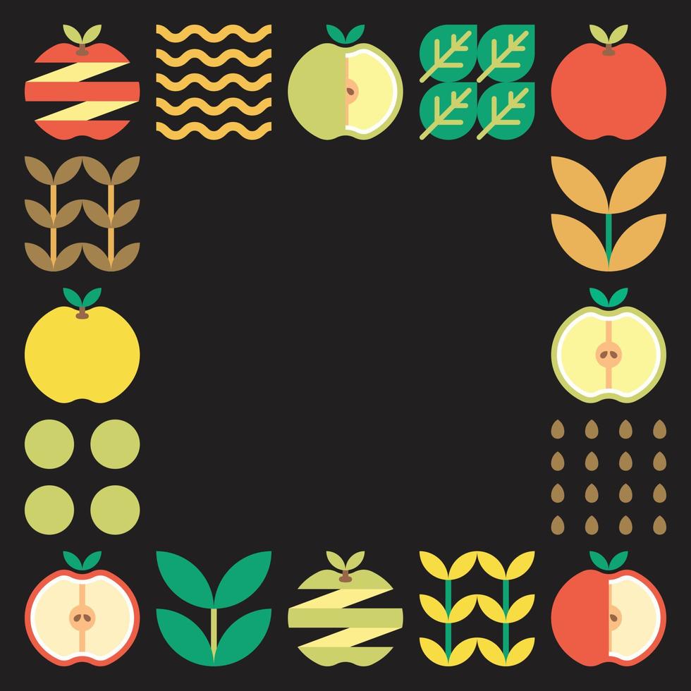 Apple frame abstract artwork. Design illustration of colorful apple pattern, leaves, and geometric symbols in minimalist style. Whole fruit, cut and split. Simple flat vector on a black background.