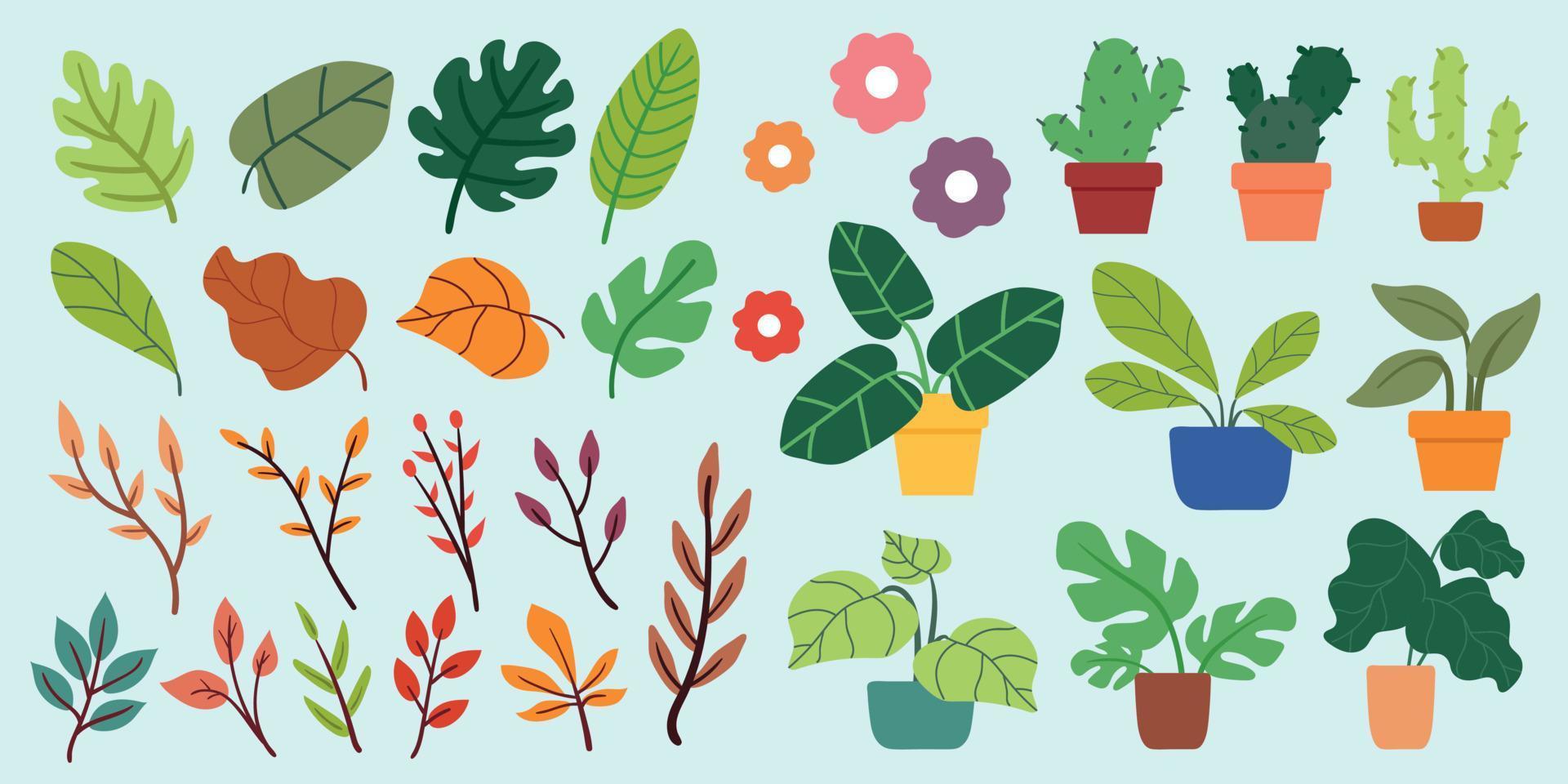 planta de dibujos animados de dibujo a mano, hojas, flores, conjunto de pegatinas botánicas vector