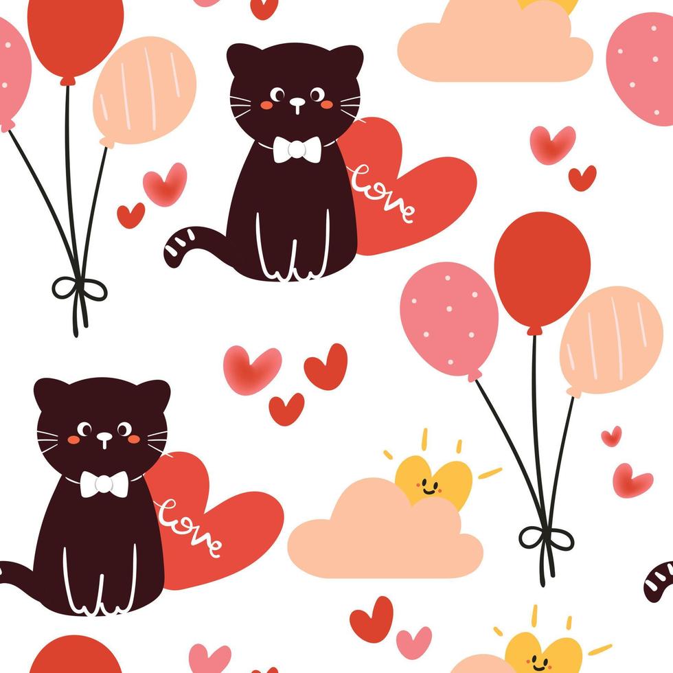 Seamless pattern cute cartoon cat with pink element. for valentine card, wallpaper, gift wrapping paper vector