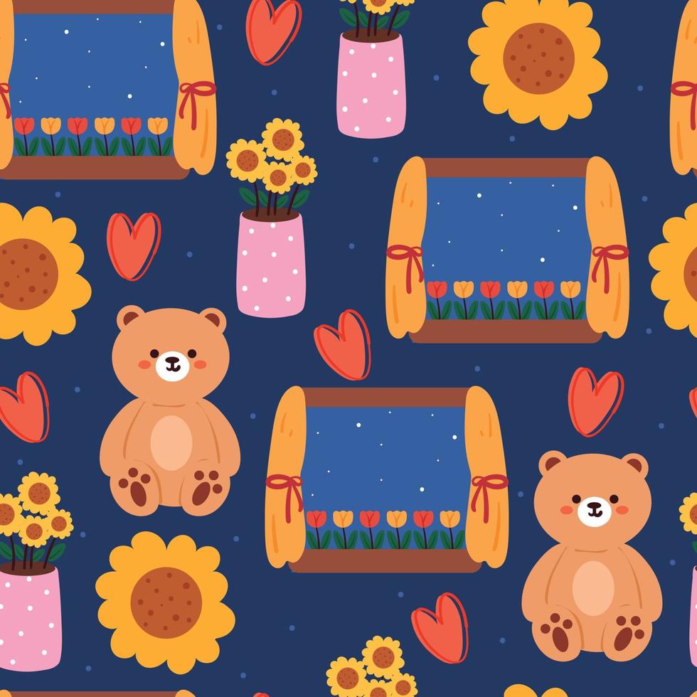 seamless pattern hand drawing cartoon bear, flower and window with night sky. for fabric print, textile vector