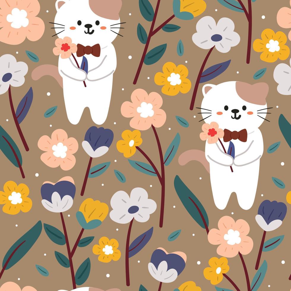 seamless pattern hand drawing cartoon cat, flower and cute element. for fabric print, textile vector