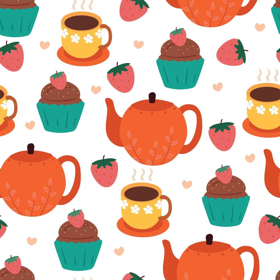 seamless pattern hand drawing cartoon tea pot, cup of tea and dessert. food and beverage wallpaper for textile, fabric print vector