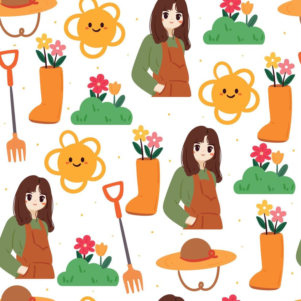 seamless pattern hand drawing cartoon girl and cute farming element. for fabric print, textile vector