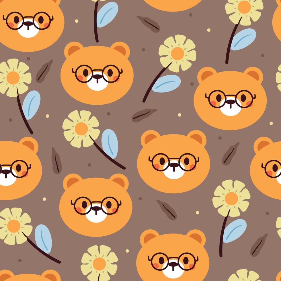 flor y oso de dibujos animados de dibujo a mano de patrones sin fisuras. dibujo animal para estampado de tela, textil, papel de regalo vector