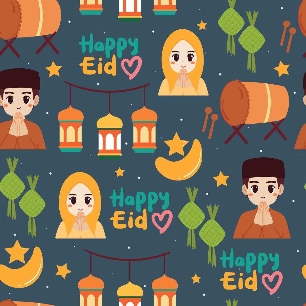 seamless pattern hand drawing cartoon eid mubarak element. celebration wallpaper for fabric print, textile vector