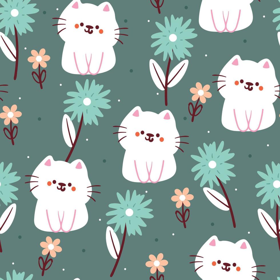 seamless pattern hand drawing cartoon cat and flower. animal drawing for fabric print, textile, gift wrap paper vector