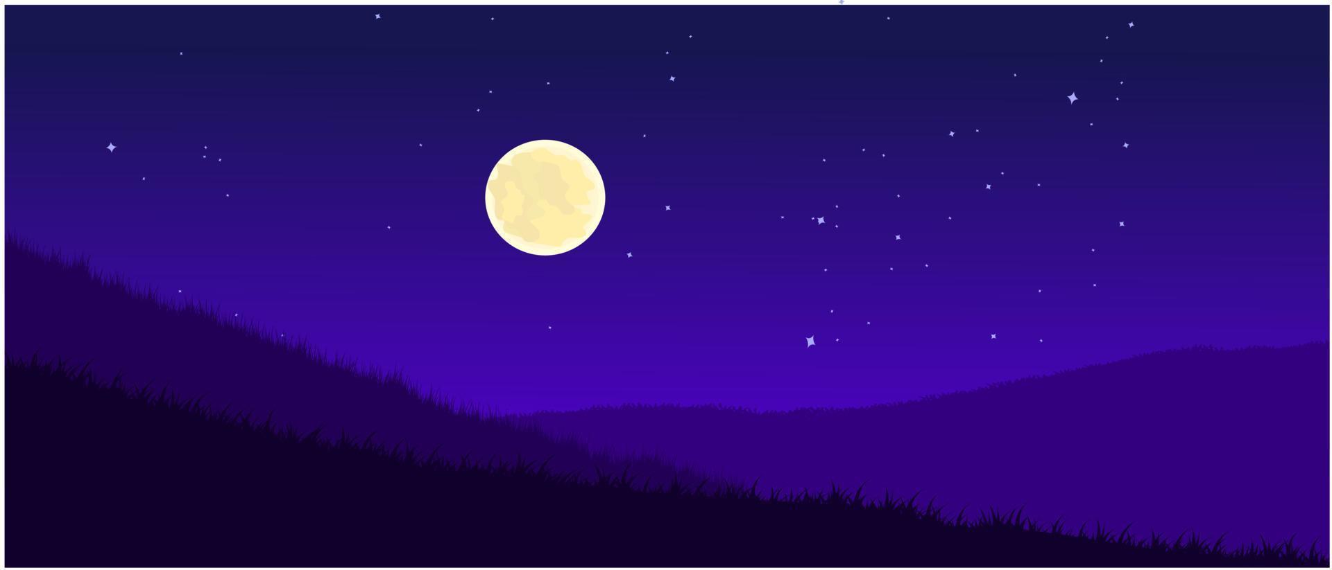 colina nocturna, pradera nocturna, ladera con estrellas y luna en el fondo del cielo nocturno vector