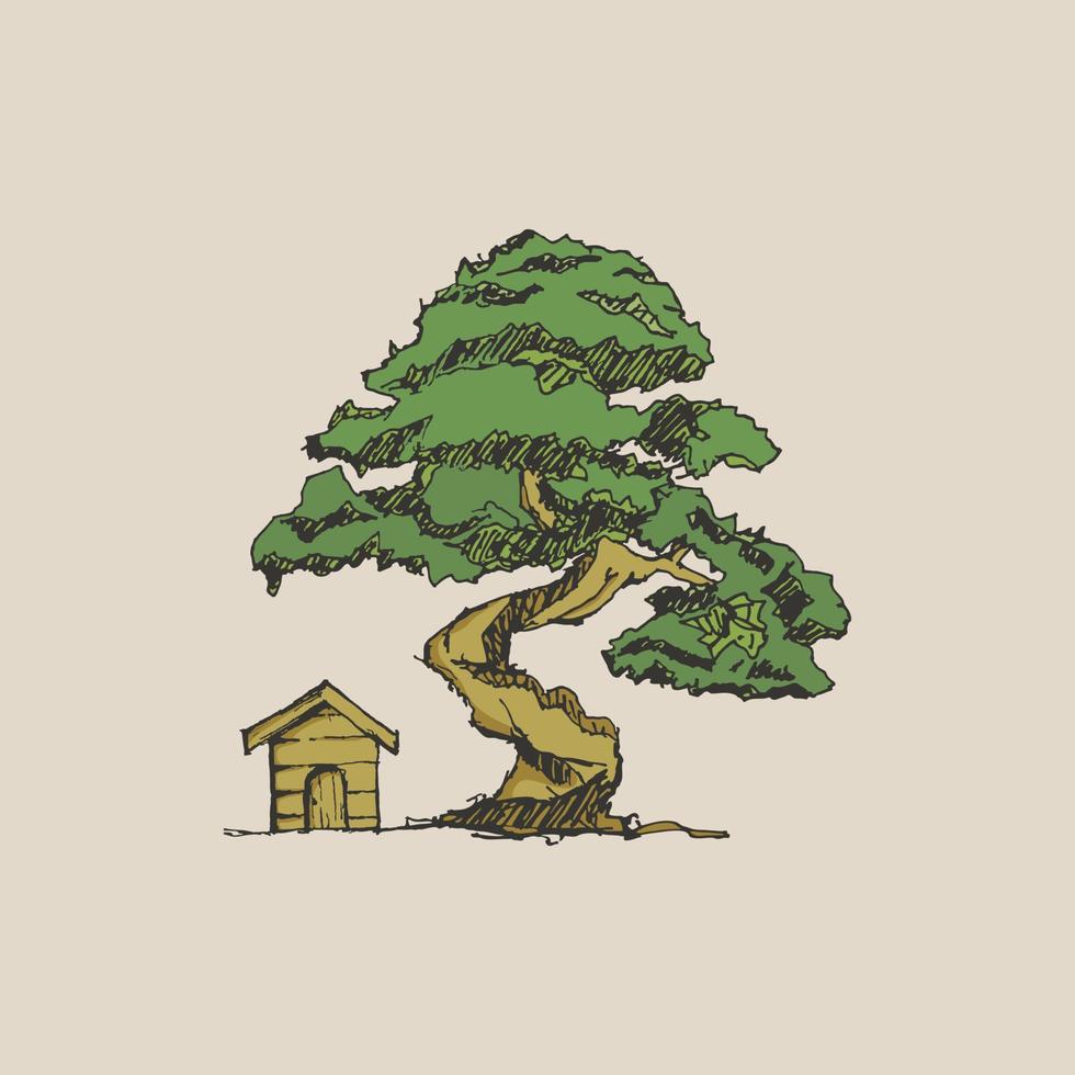 vector de árbol y casa con estilo a mano alzada