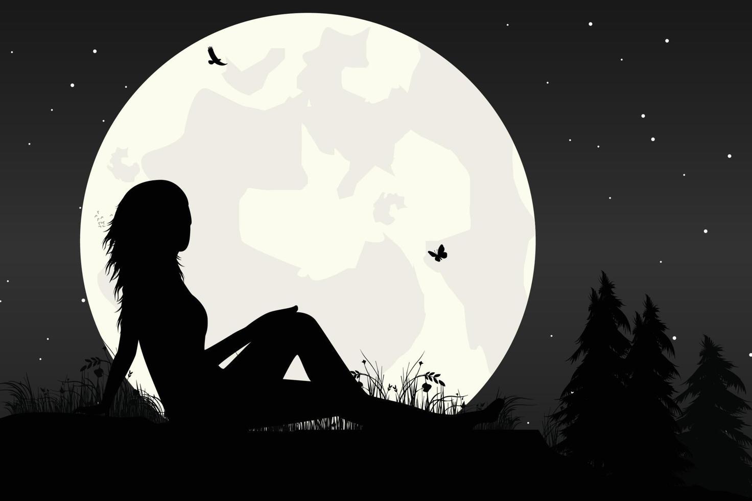 cute girl and moon silhouette graphic vector