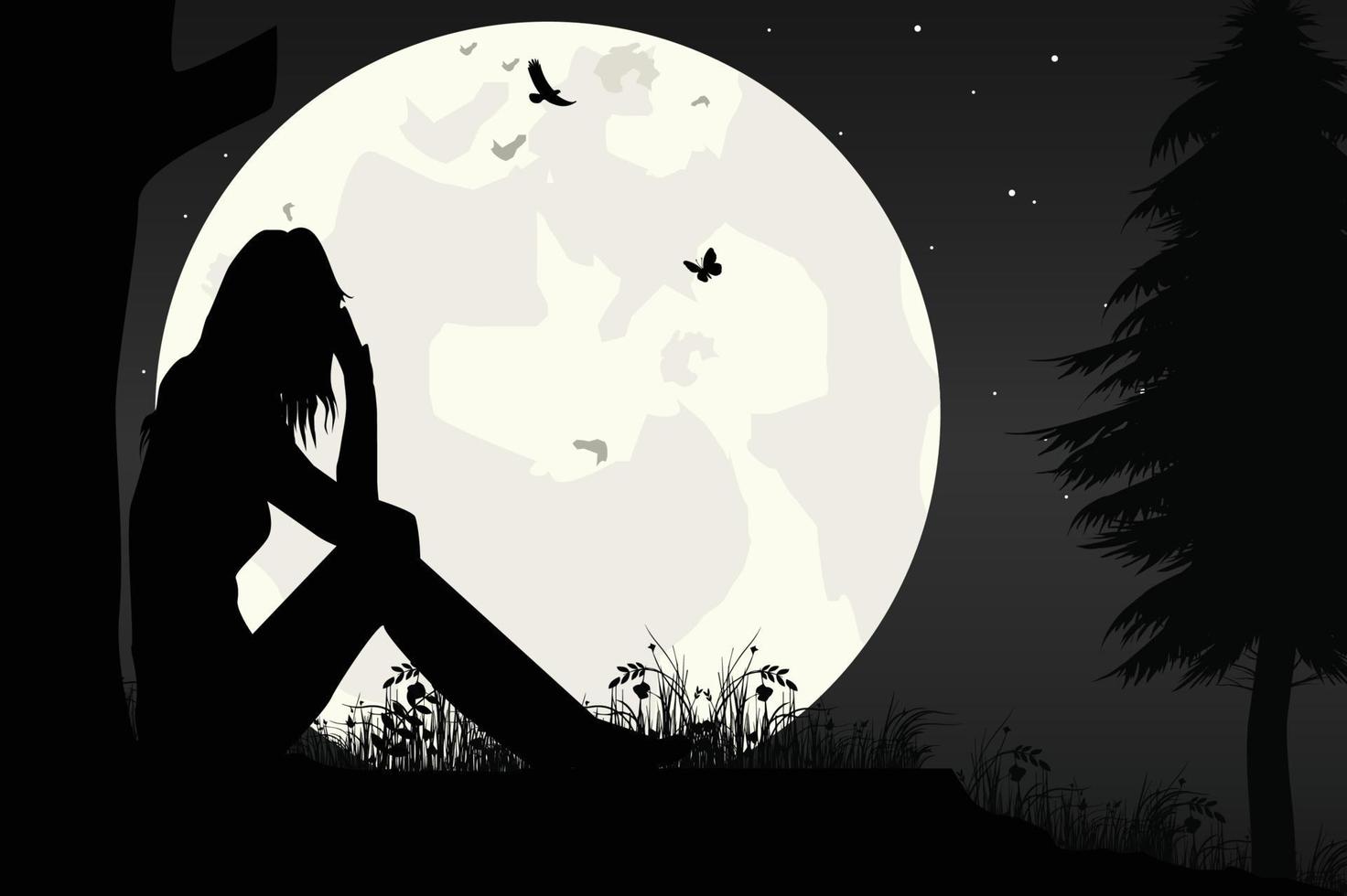 cute girl and moon silhouette graphic vector