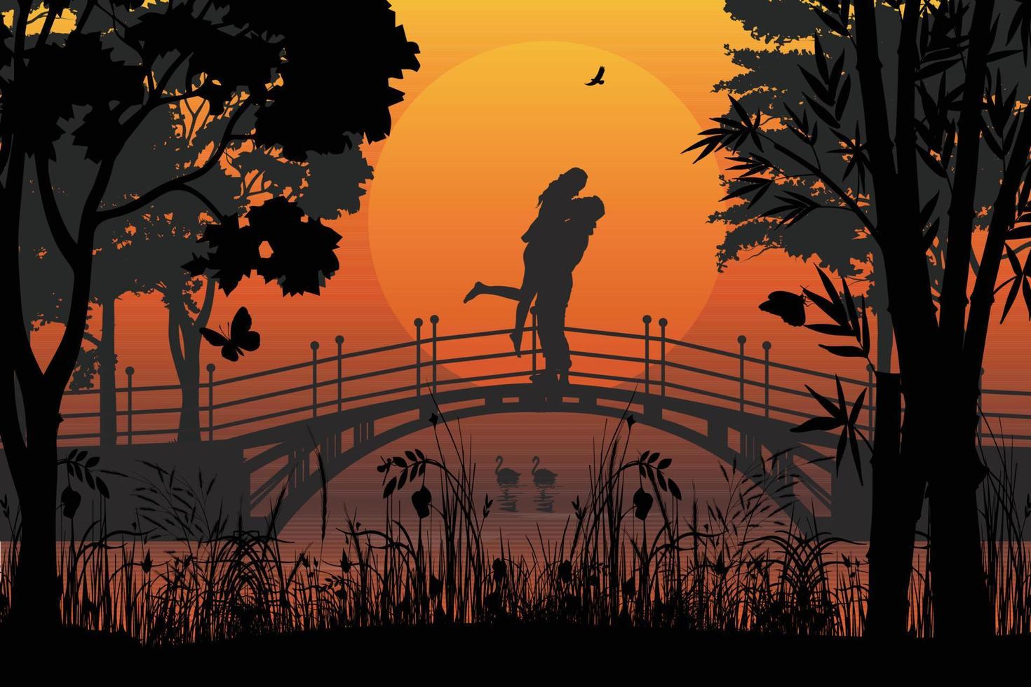 cute couple fall in love silhouette graphic vector