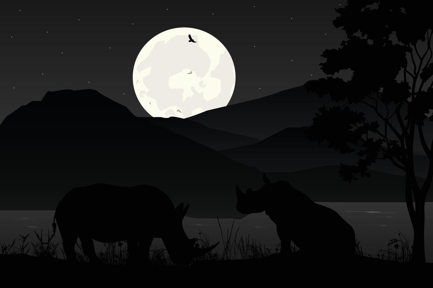 lindo gráfico de silueta de rinoceronte y luna vector