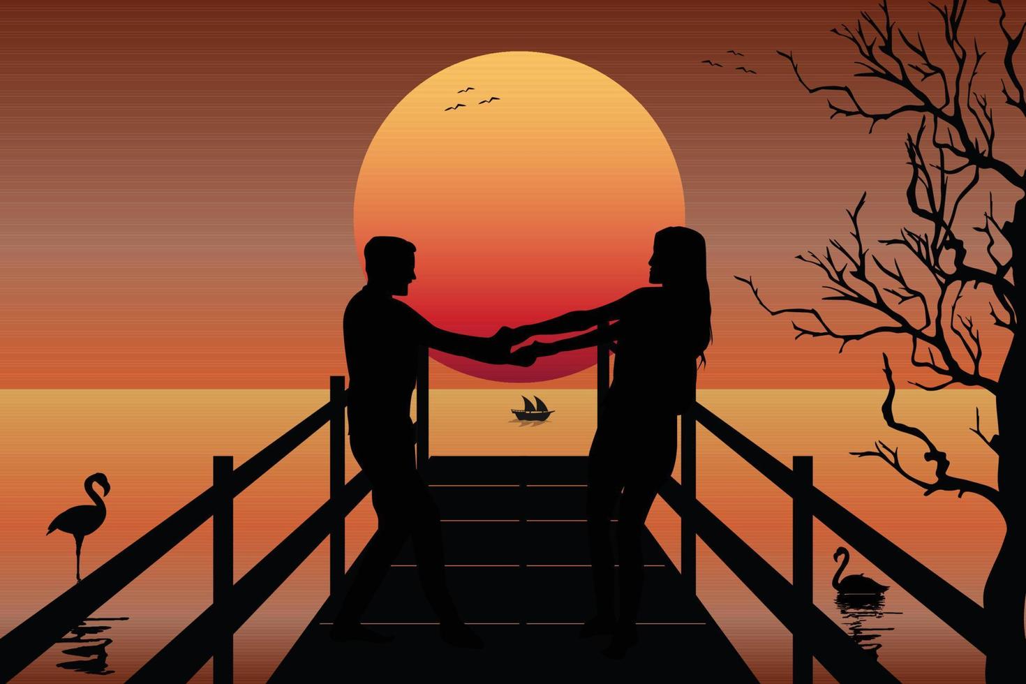 cute couple fall in love silhouette graphic vector