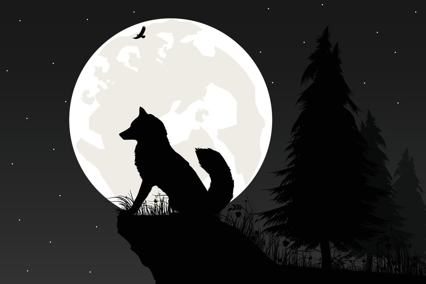 cute wolf and moon silhouette graphic vector