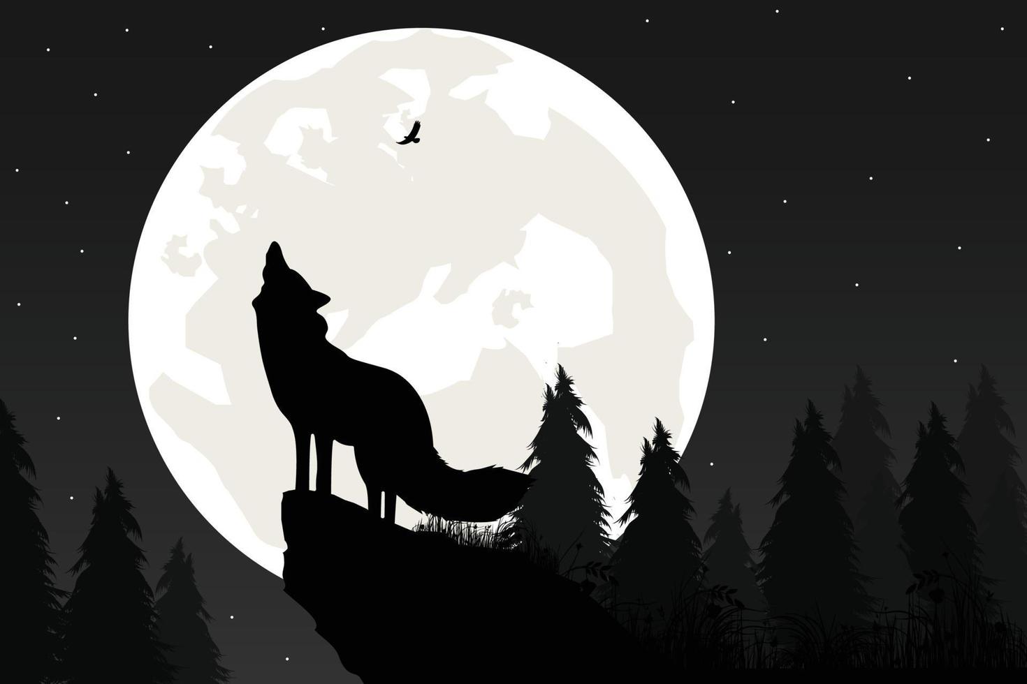 cute wolf and moon silhouette graphic vector