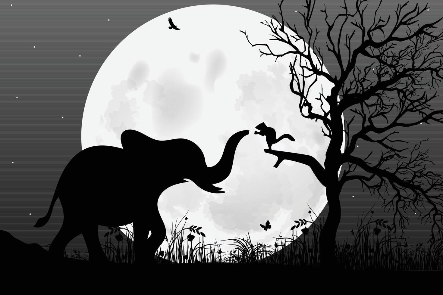 cute elephant animal and moon silhouette vector