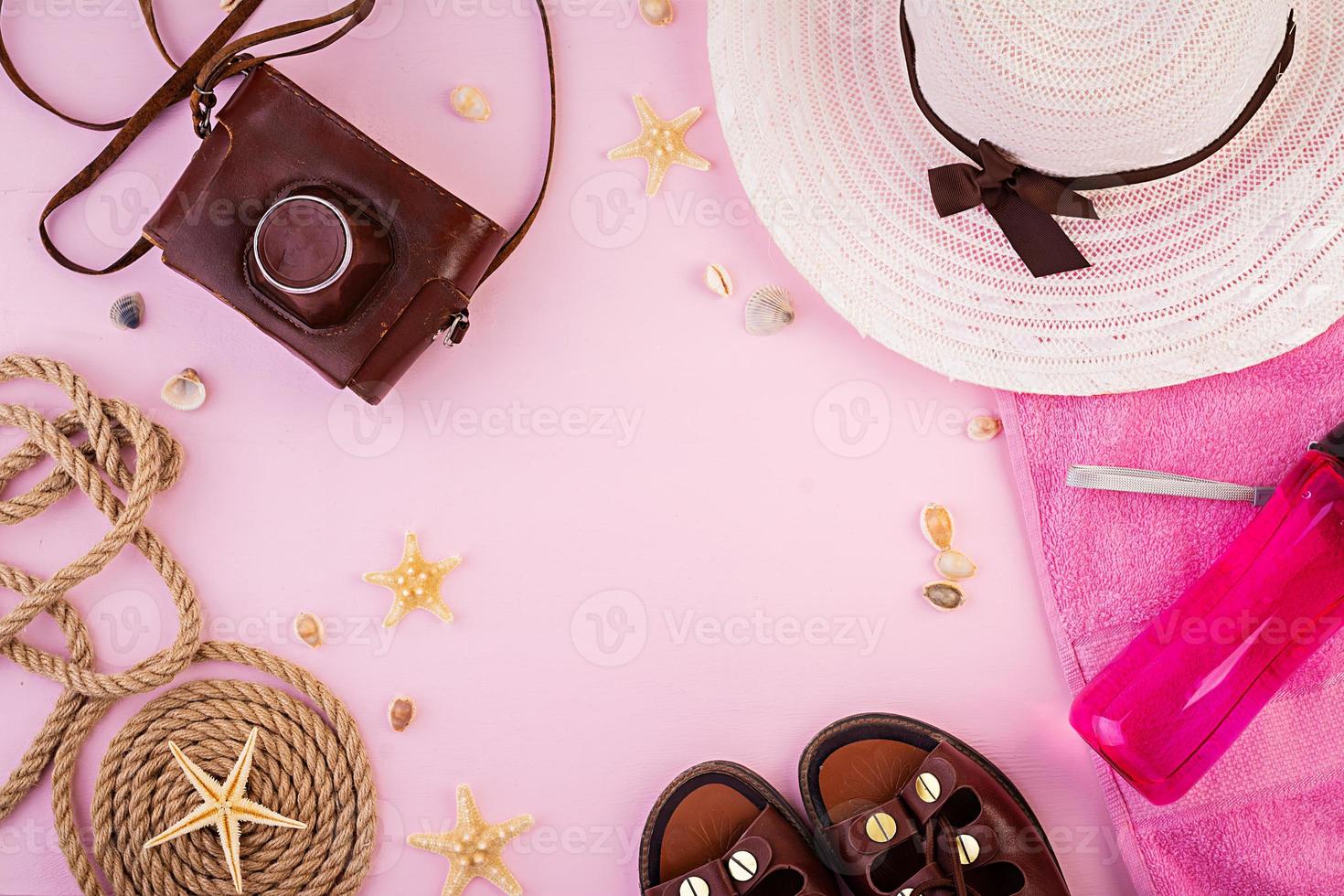 Vacation concept. Colorful female vacation accessories. Summer flat lay. Top view photo