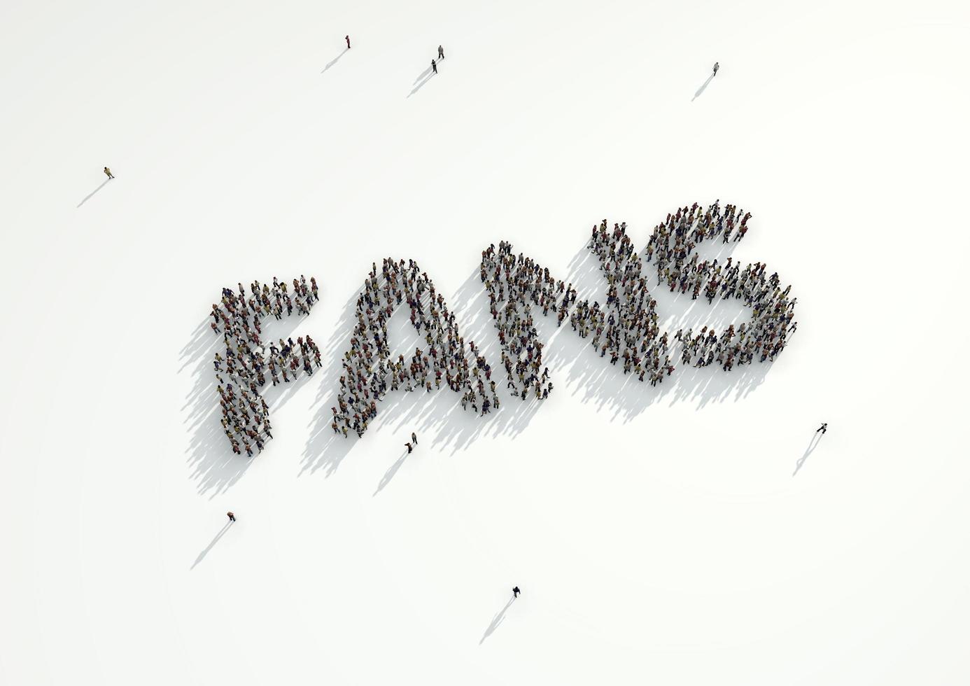 Aerial shot of a crowd of people forming the word 'Fans'. Concept for how people follow each other on social networks and social media channels, websites, chat rooms and news groups. photo