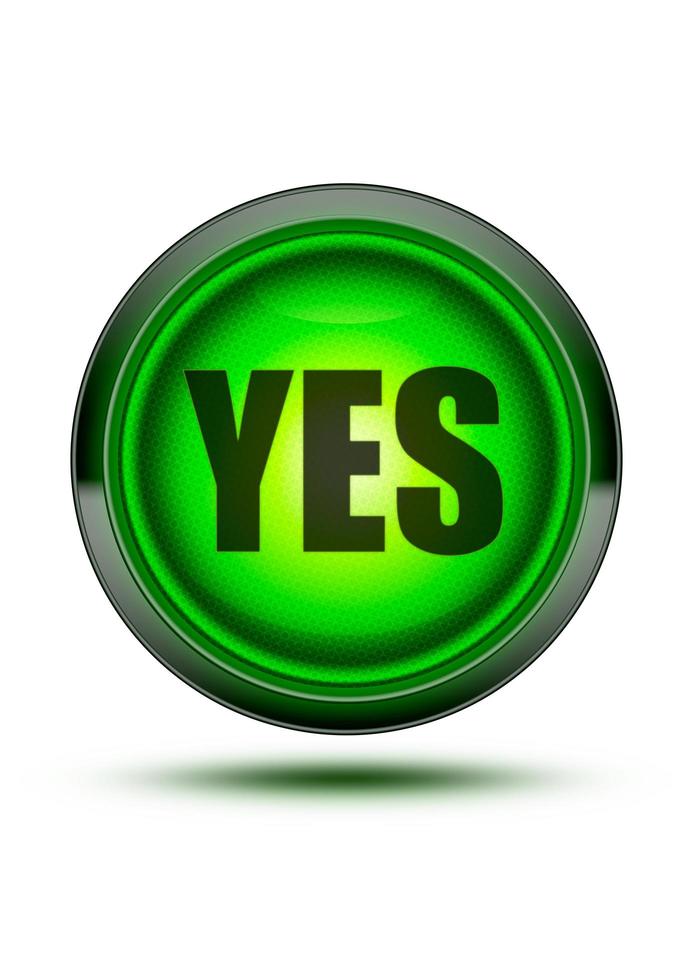 Green traffic light glowing isolated on white with the word Yes and shadow. photo