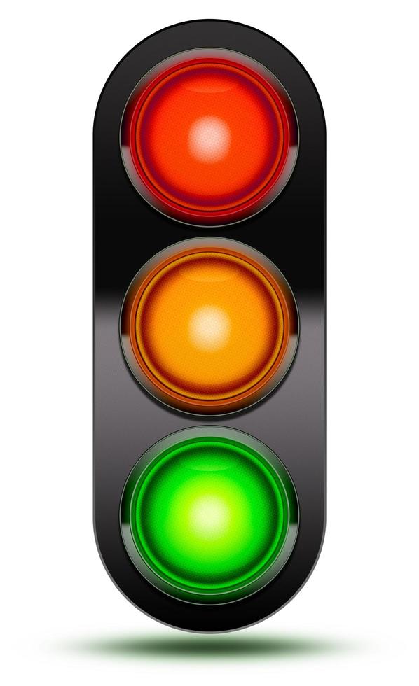 Traffic lights as found at vehicle intersections or road crossings isolated on white in sequence red, orange, green with black shroud. Traffic signal light with drop shadow. photo