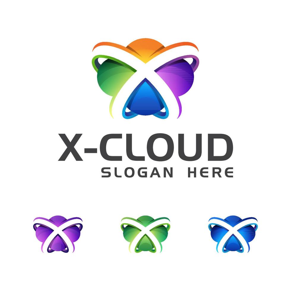 modern colorful X - Cloud network logo design vector template