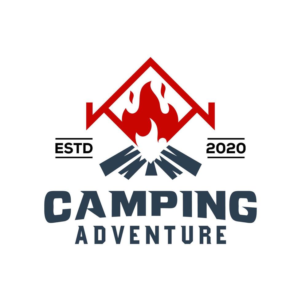 vintage camping outdoor tent with fire or flame, adventure retro logo design vector