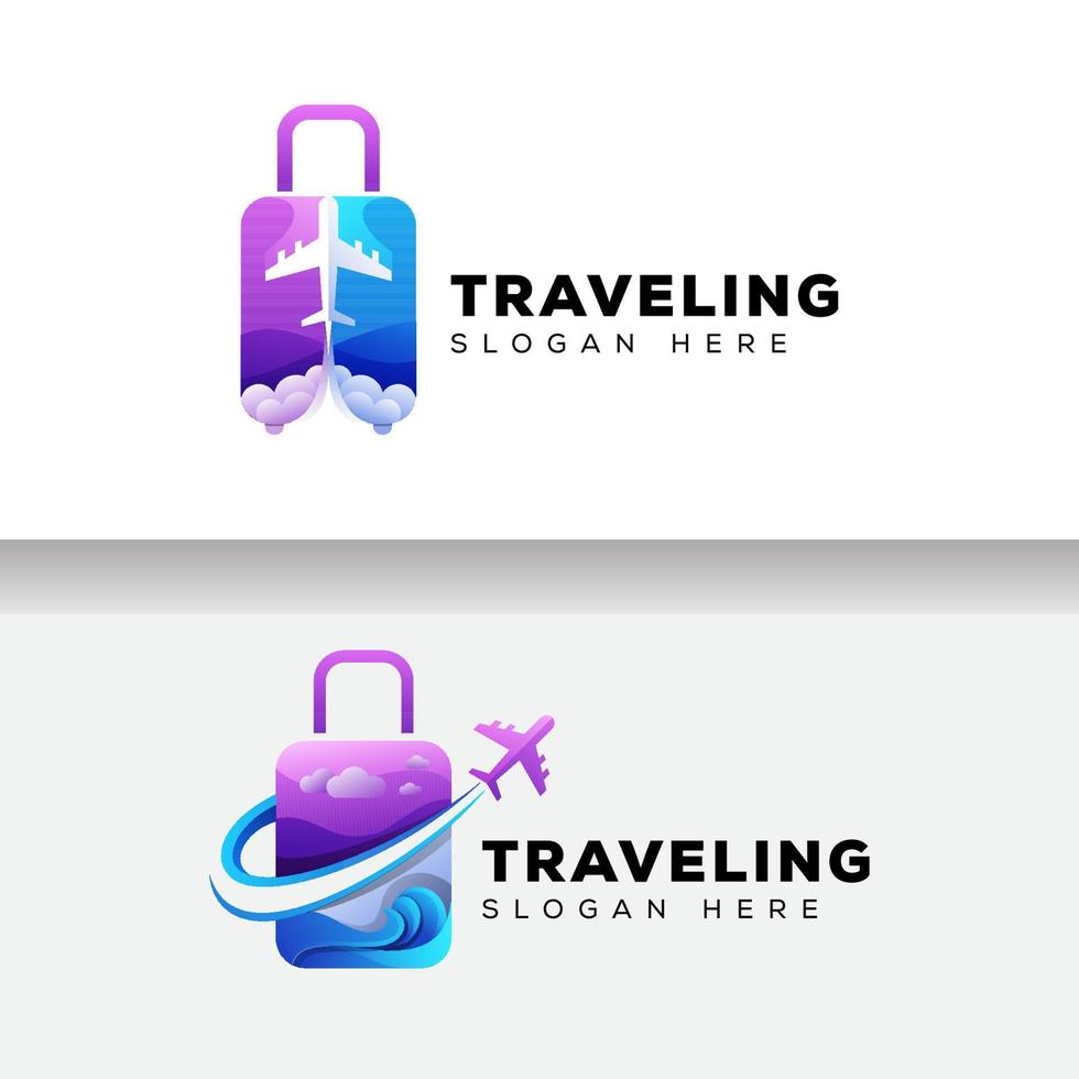 colorful suitcase traveling logo, plane holiday logo design vector template