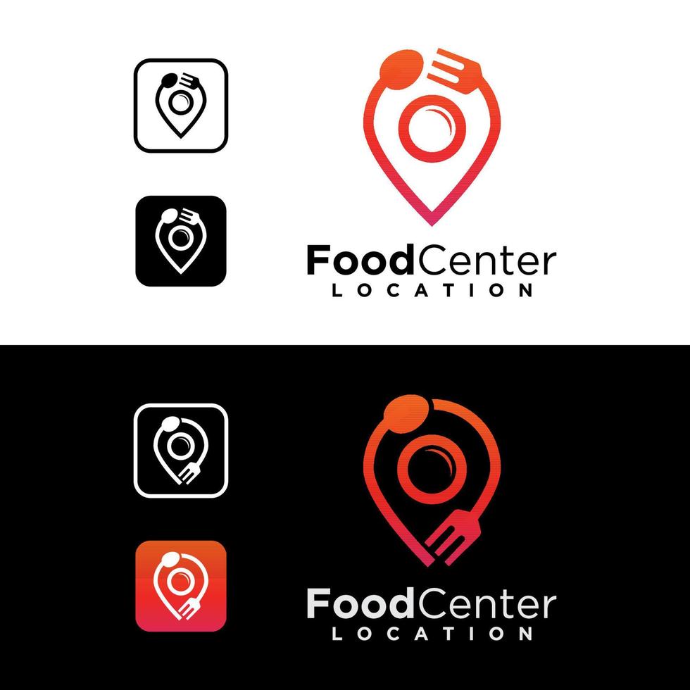 ubicación de arte en línea colección de logotipos del centro de alimentos, diseño de logotipo local de comida de restaurante, cuchara y tenedor con concepto de logotipo de placa y pin vector