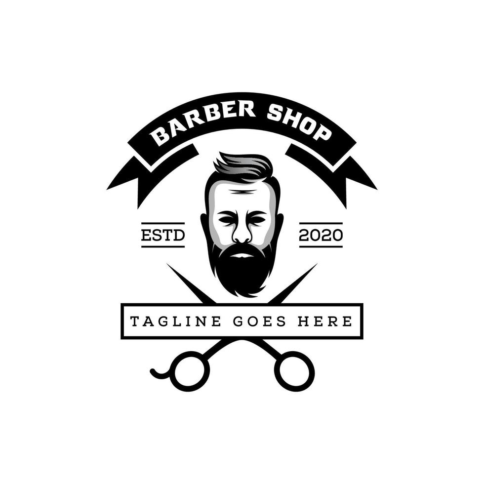 diseño de logotipo de barbería vintage, estilo retro, con hombre barbudo y herramientas de barbero vector