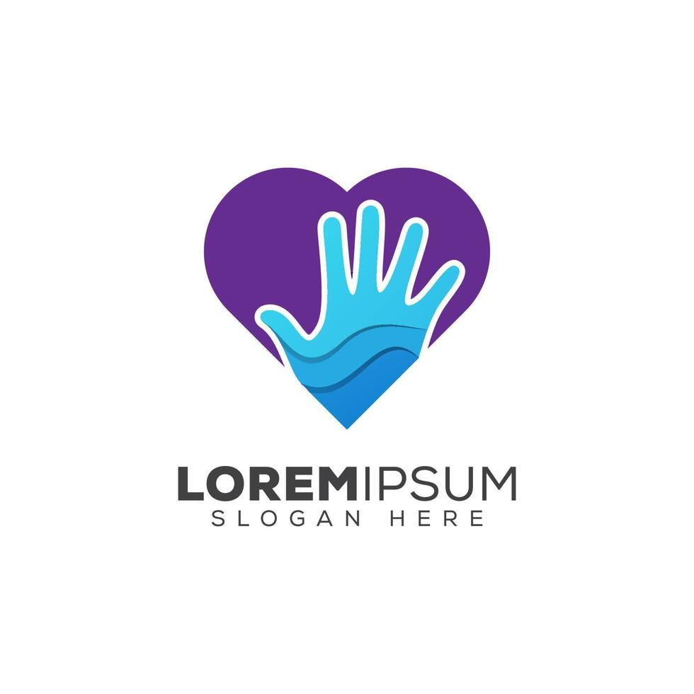 Impresionante colorido logotipo de cuidado de amor, mano con concepto de logotipo de amor vector premium