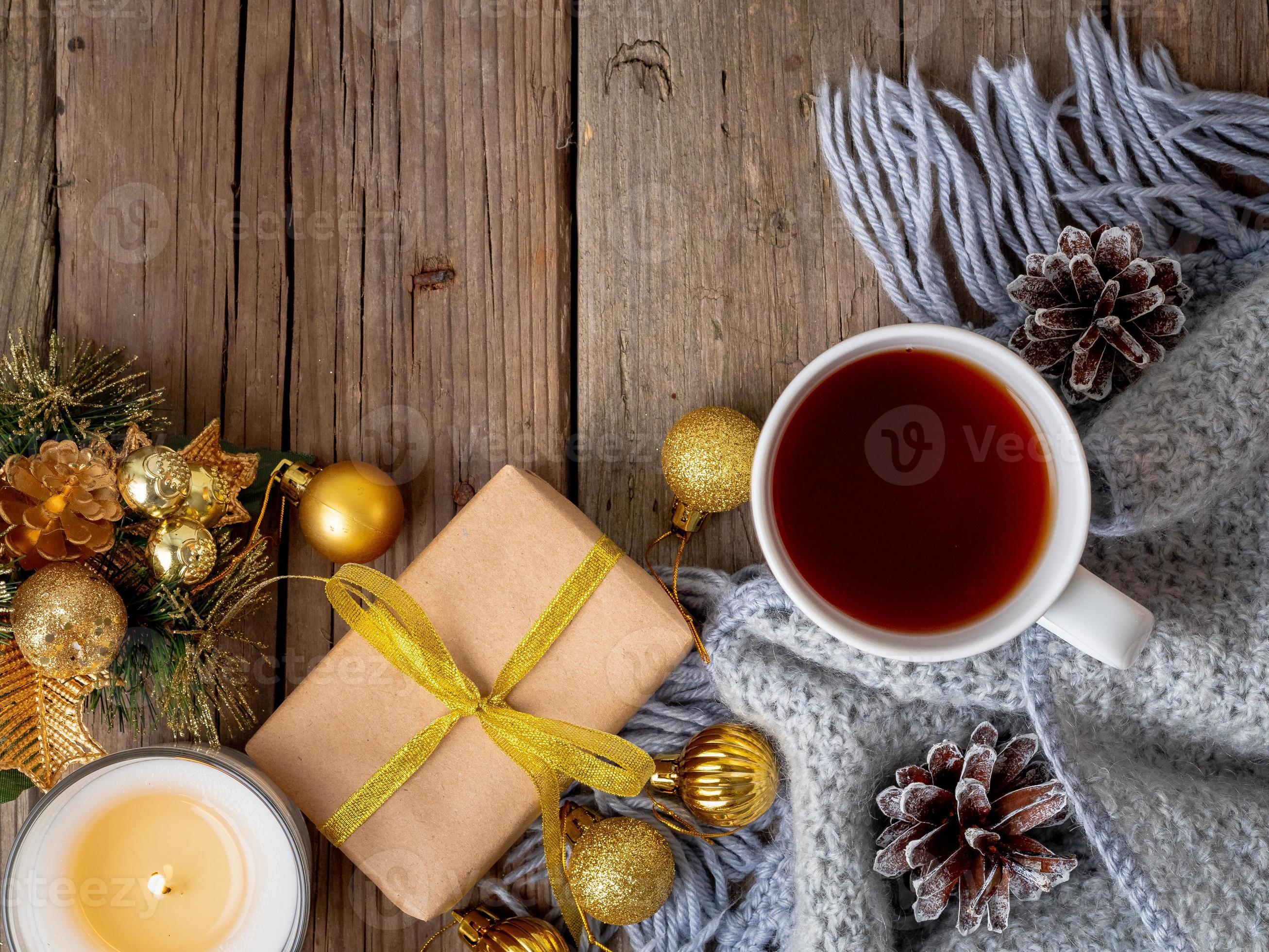 Christmas background with cup of tea. 7462486 Stock Photo at Vecteezy