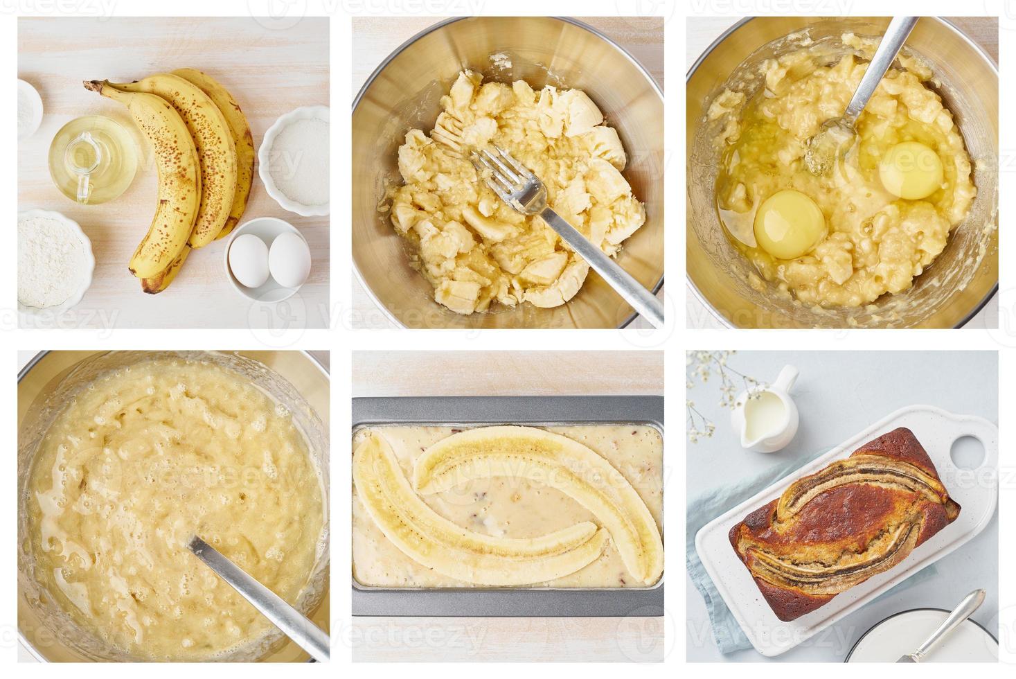 Banana bread. Collage, step by step recipe. Cake with banana. American cuisine photo