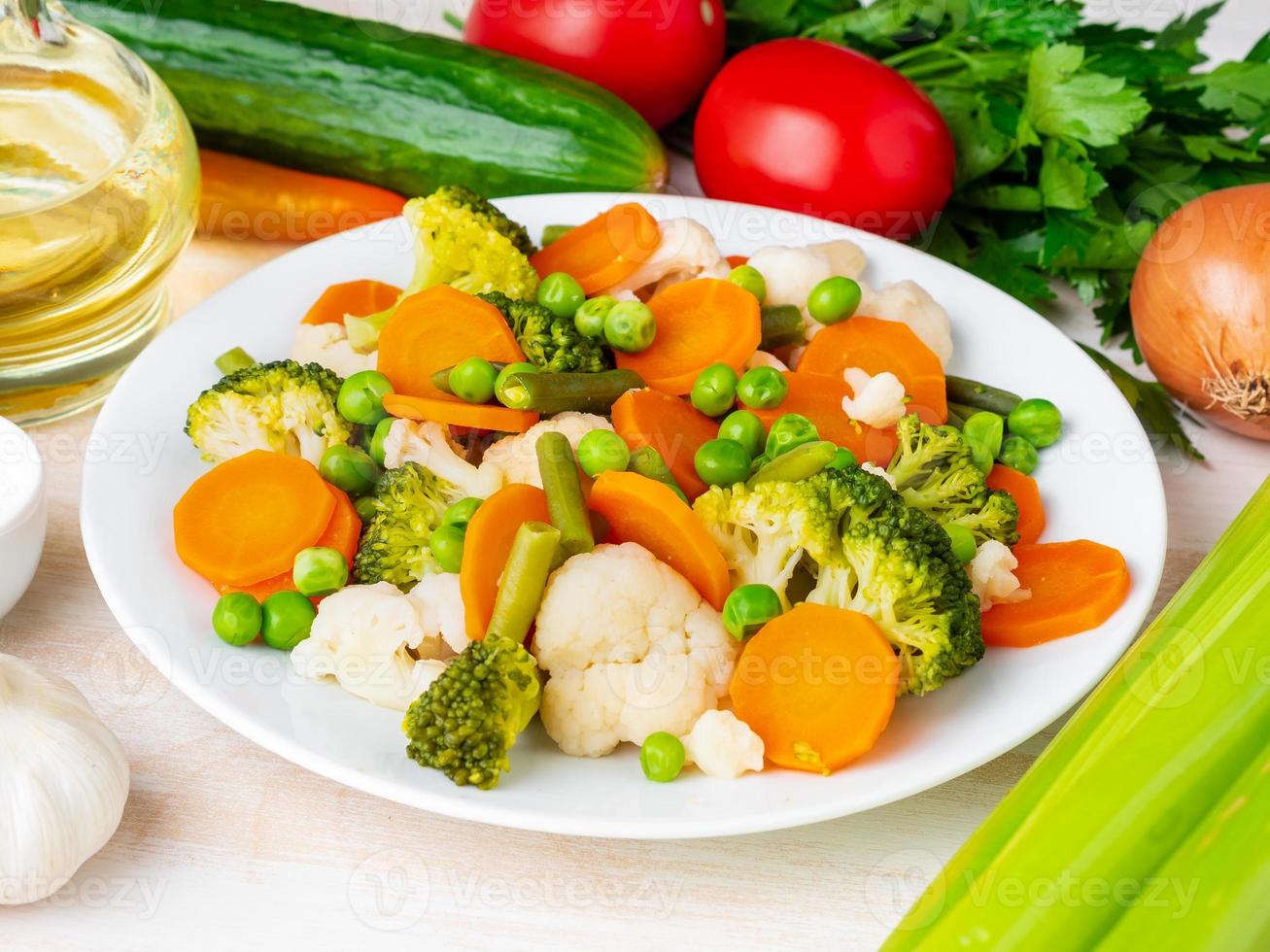 Mix of boiled vegetables, steam vegetables for dietary low-calorie diet photo