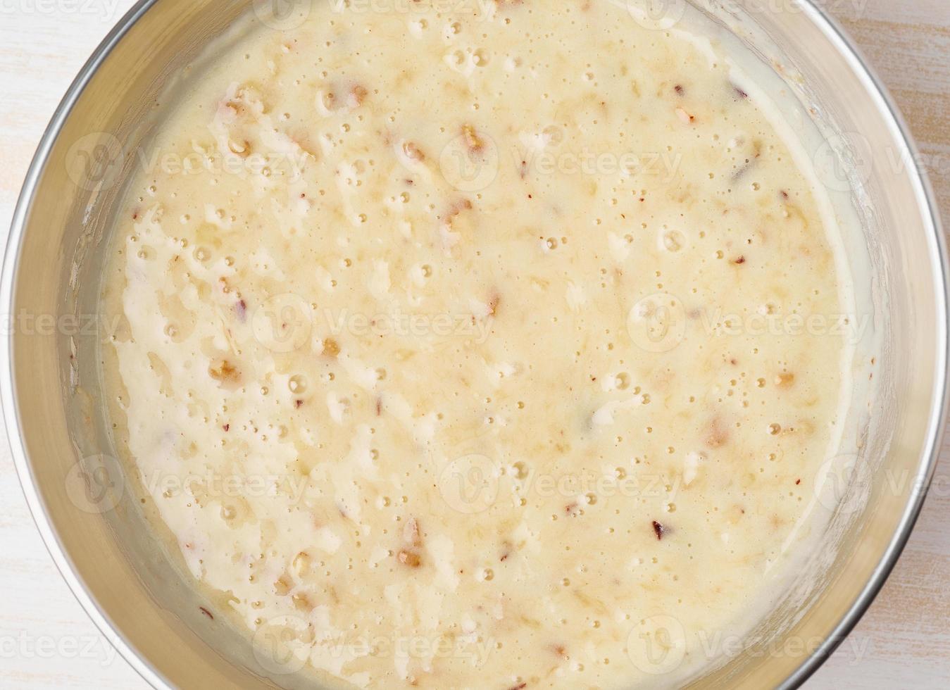 Dough for cake. Step by step recipe. Homemade Banana bread. Top view, a white table. photo