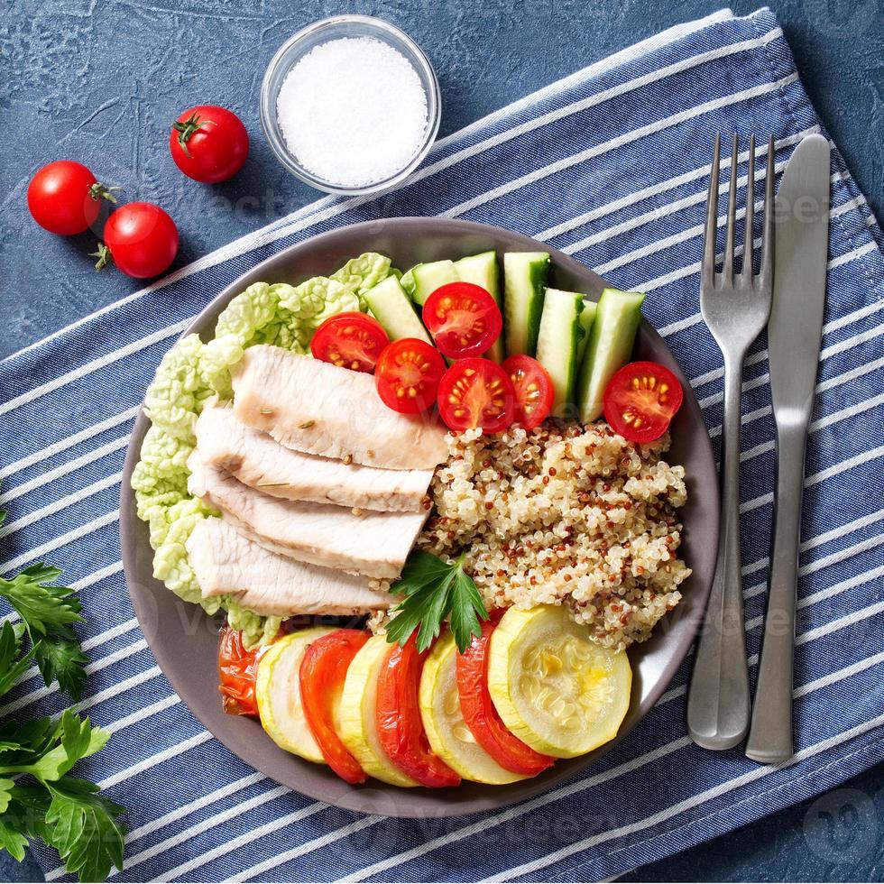 Almuerzo de tazón de buda vegetal saludable con pavo, verduras y foto