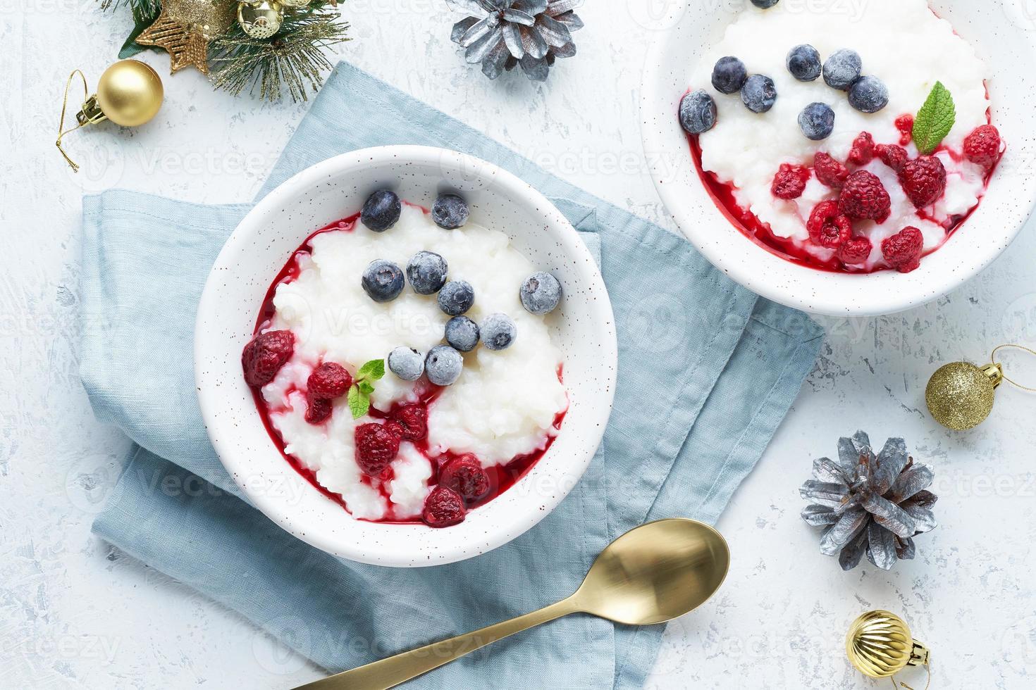 Christmas food, rice pudding, top view. Healthy Vegan diet breakfast with coconut milk photo