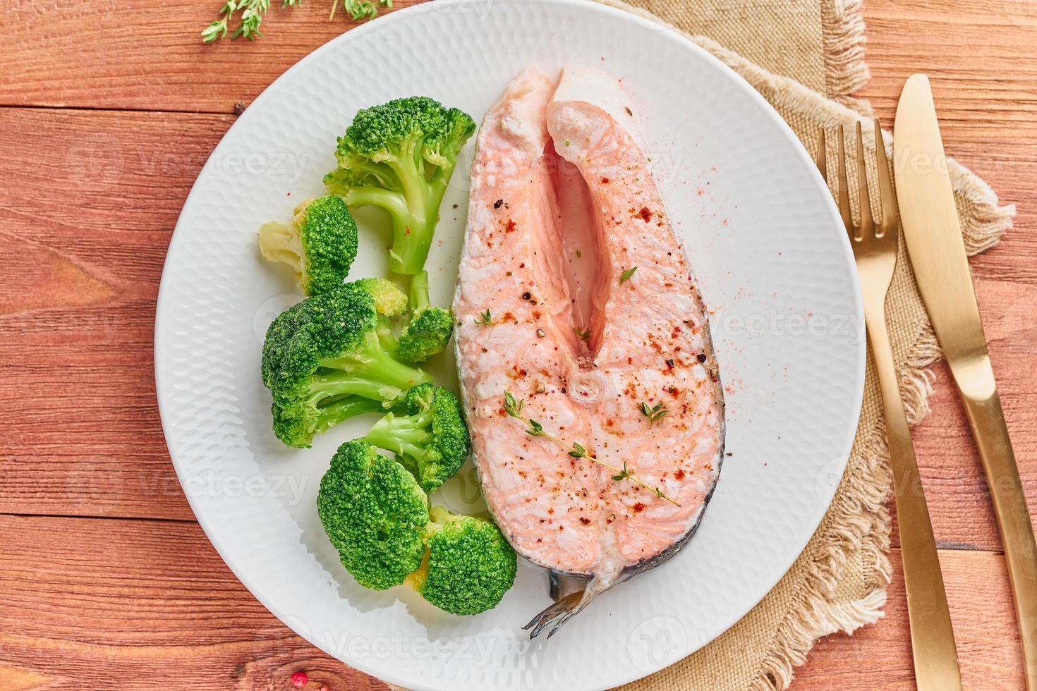 Two salmon steaks, top view, copy space. Fish fillet, large sliced portions on photo