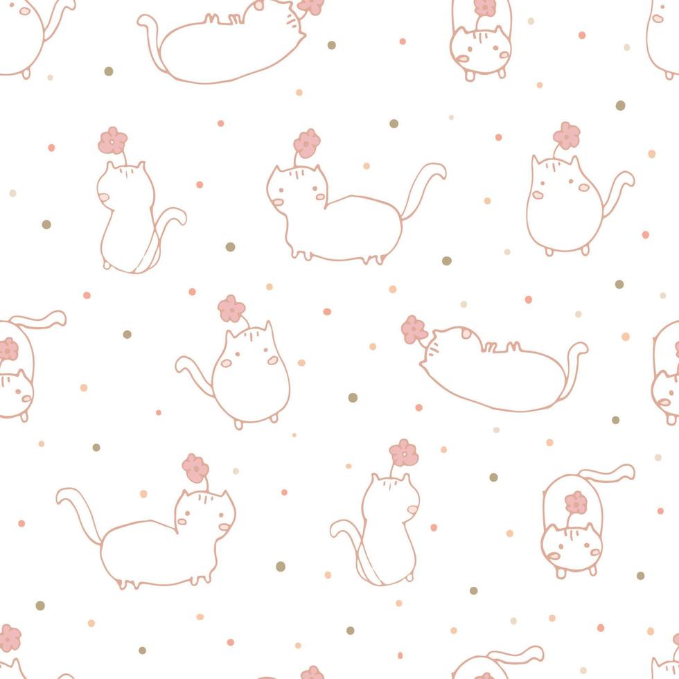 Hand drawing abstract cat seamless pattern, pastel pink cat isolated on white background. vector