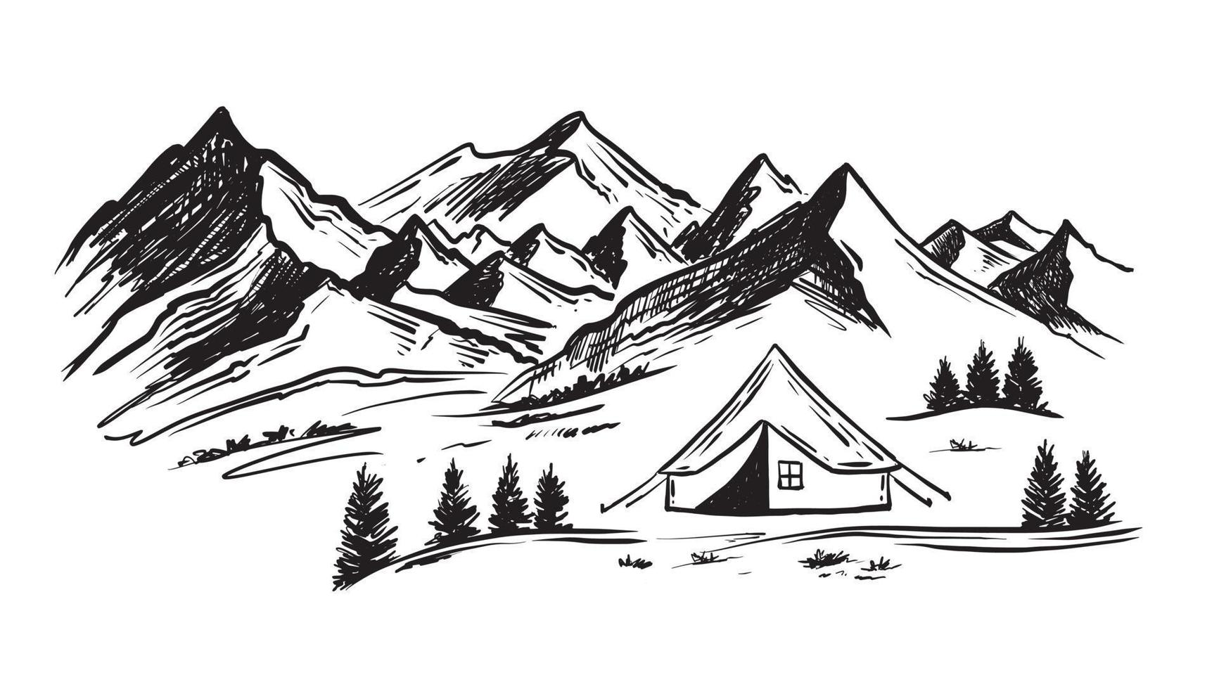 Camping in nature, Mountain landscape, sketch style, vector illustrations.