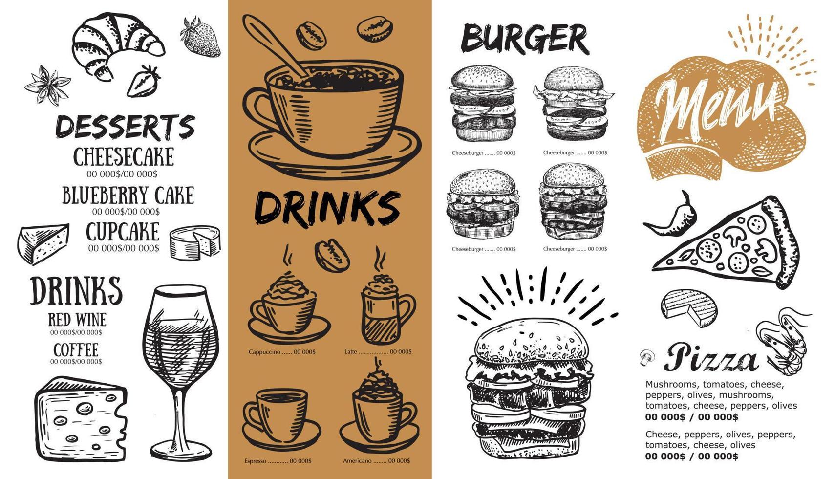 Restaurant menu, template design.. Food flyer. Hand-drawn style. Vector illustration.