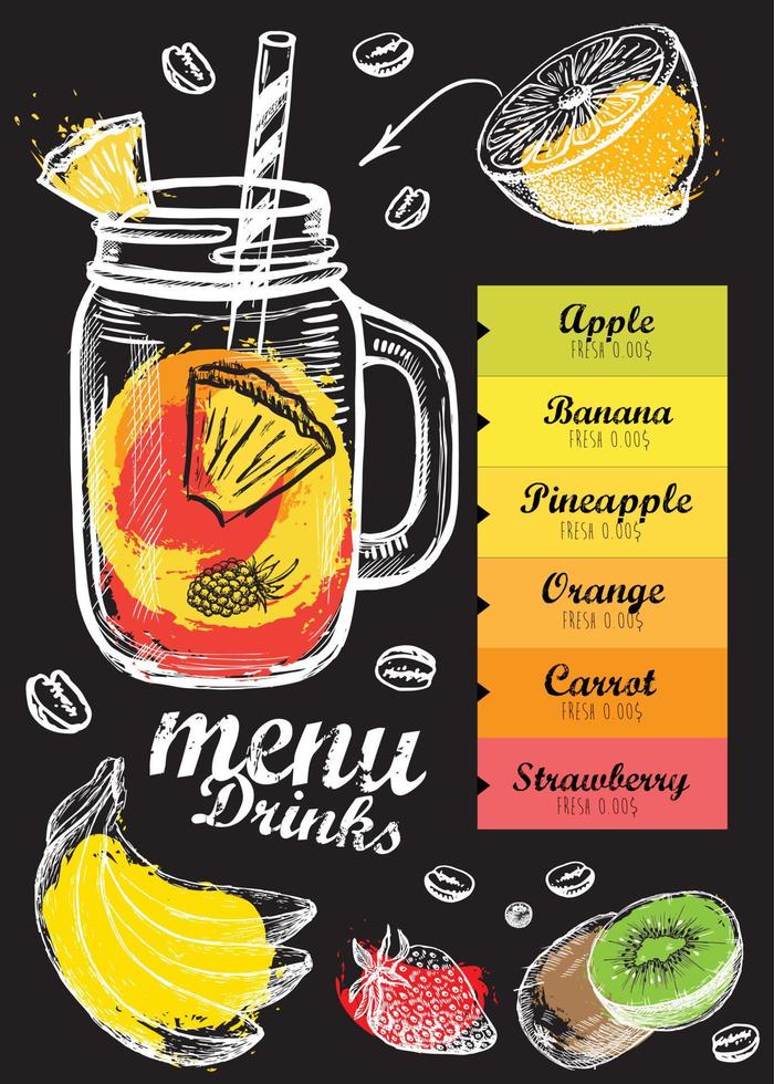 Menu Juice, Smoothie. Template design, Hand drawn style. vector