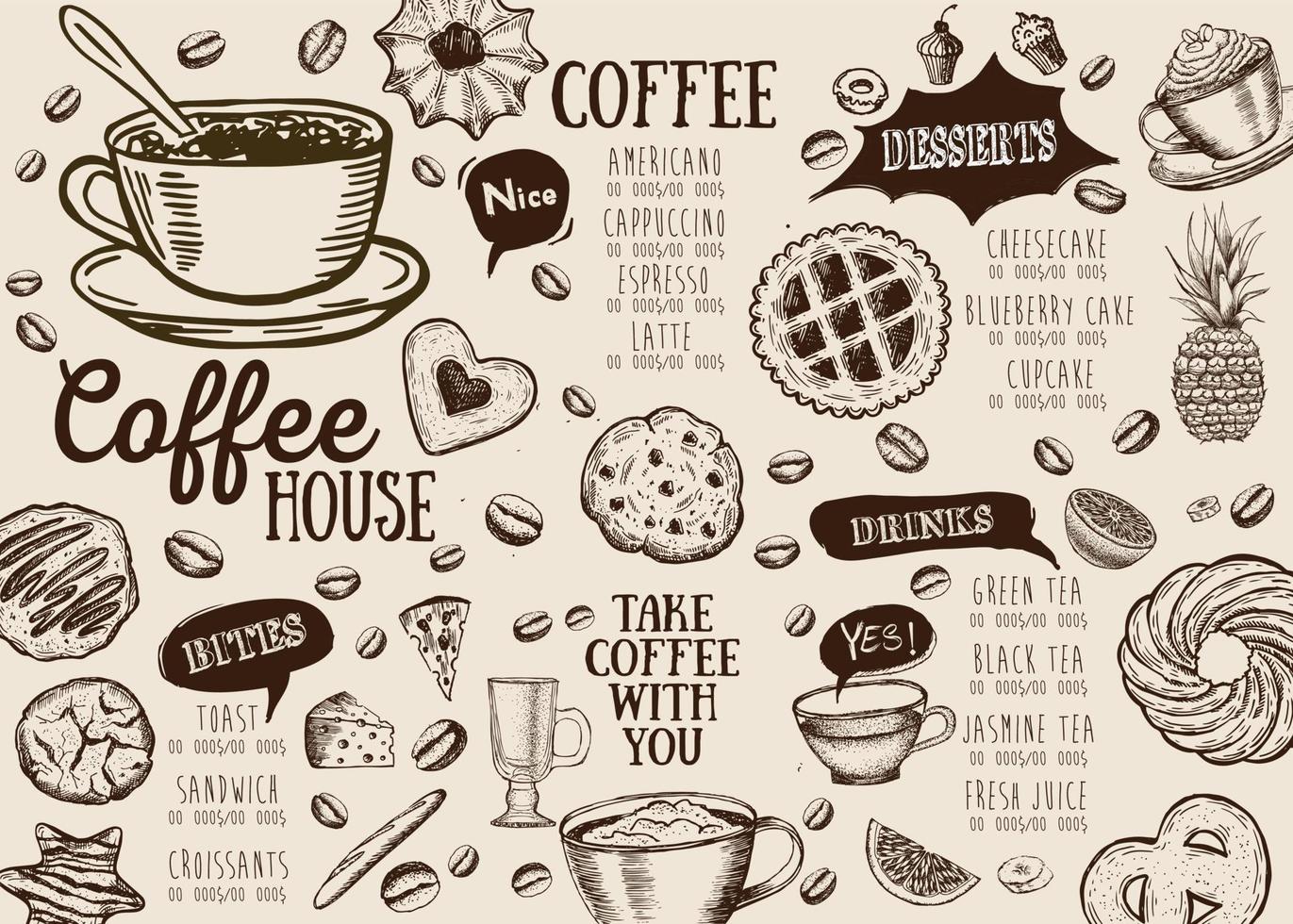 Coffee house menu. Restaurant cafe menu, template design. Food flyer. vector